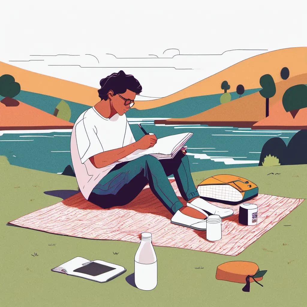 Person writing on a laptop by a lake